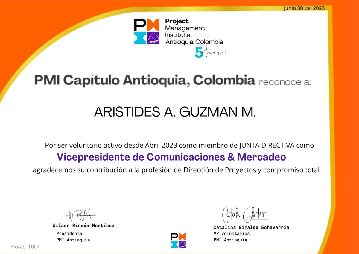 Certificado de reconocimiento como VP de Comunicaciones y Mercadeo, PMI Capítulo Antioquia